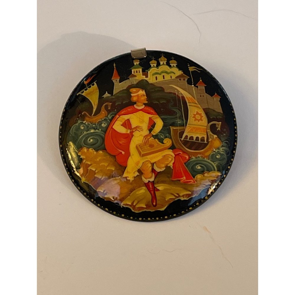 Incredibly Detailed Russian Black Lacquer Sadko Brooch or Pendant Artist Signed